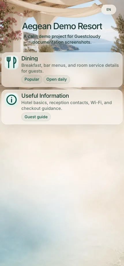 Guest-facing portal preview showing published hotel content on a mobile-width screen.