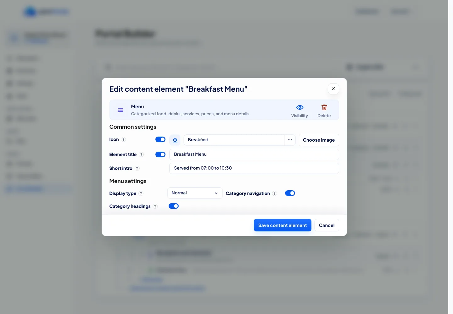 Portal Builder content editor for adding or editing guest portal content.