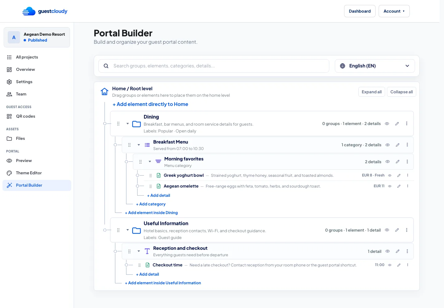 Portal Builder showing a guest portal content tree with groups, elements, and details.
