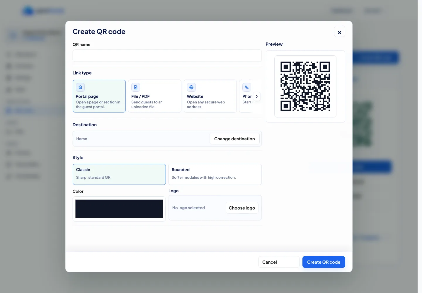QR code editor for choosing a QR destination, style, color, and download options.
