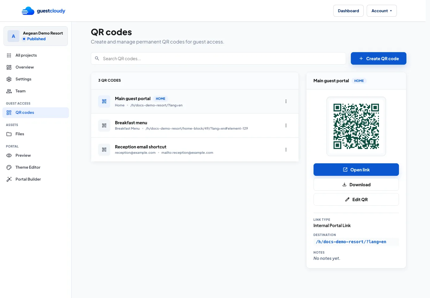 QR Manager showing a list of guest access QR codes and the selected QR details.