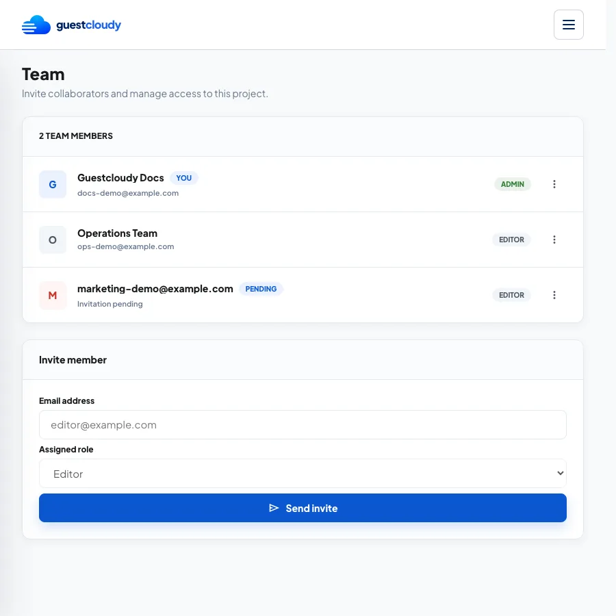 Invite member panel for sending a Guestcloudy project invitation by email.