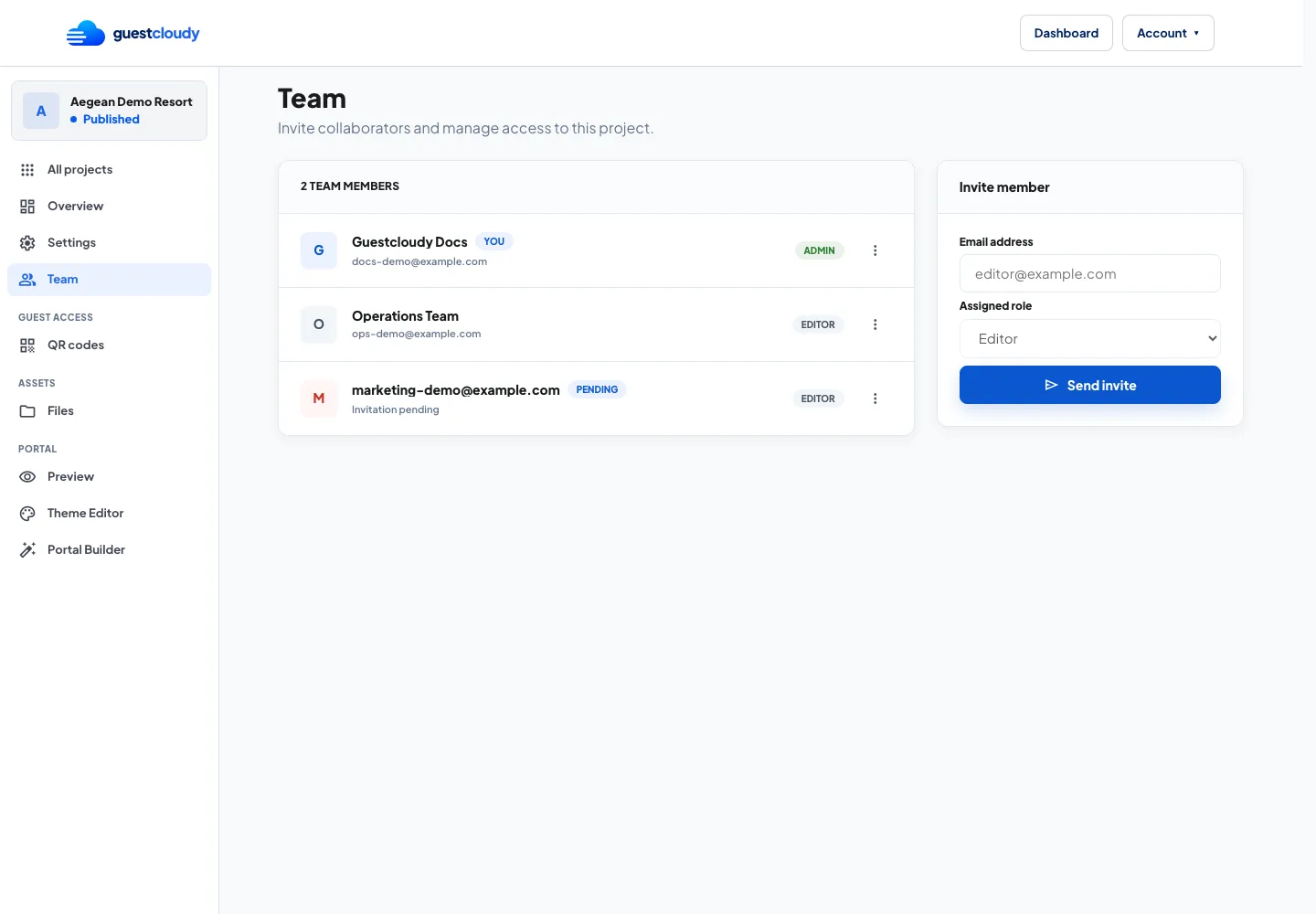 Team page showing current members, pending invitations, and the invite form.